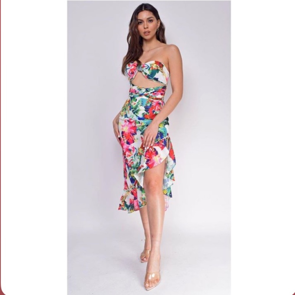 Tropical Floral Print Bandeau Slit Dress